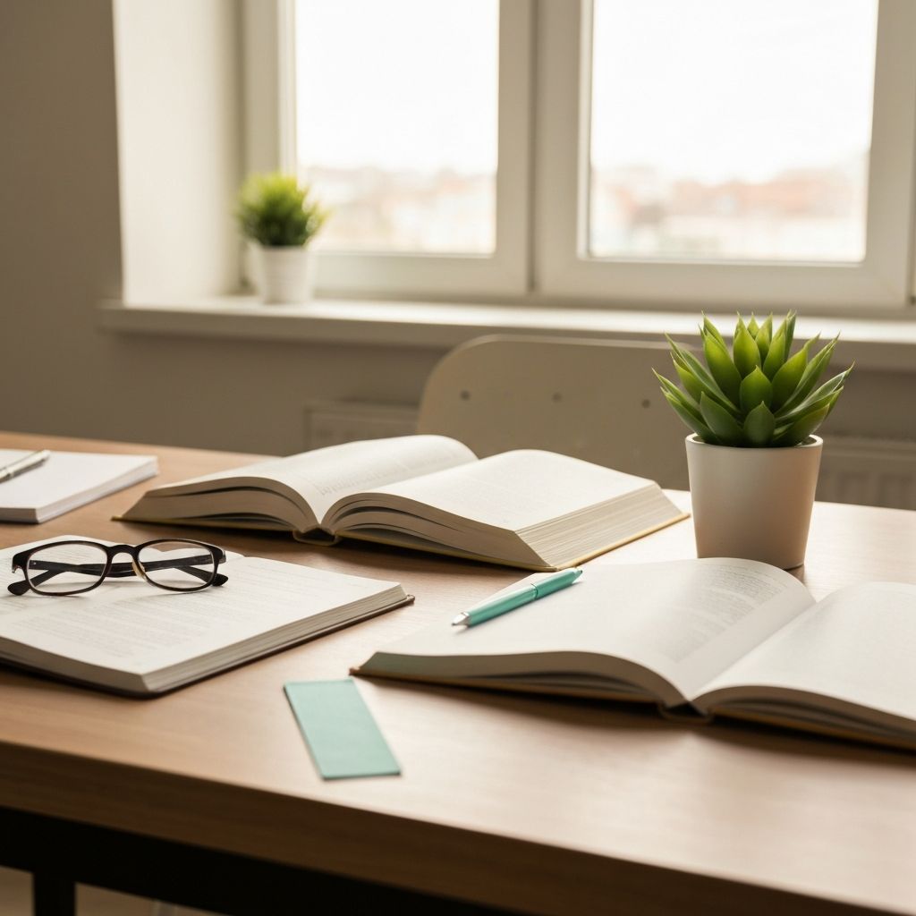 Educational resource illustration with books and peaceful workspace