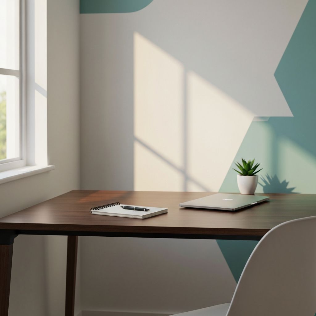 Home office setup with desk and natural lighting